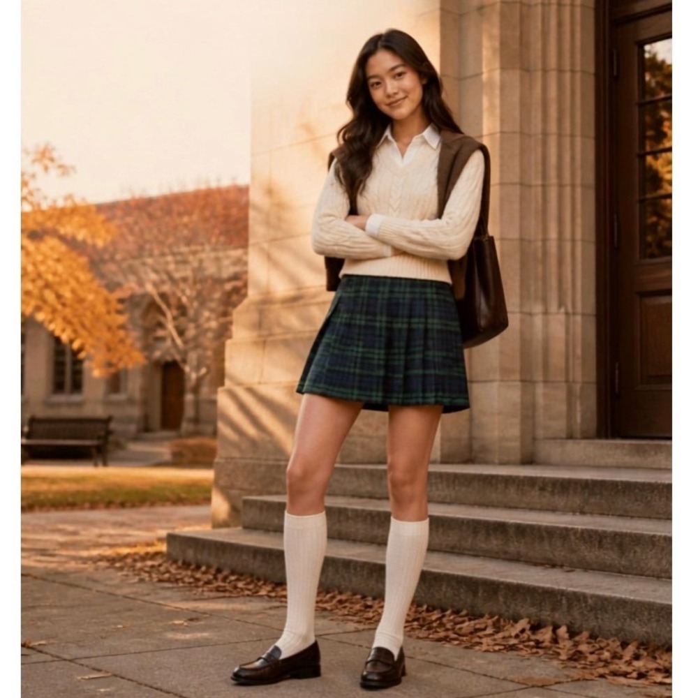 Cycle Boston Black Watch Plaid Pleated Wrap Mini Tennis Skirt Green Navy S